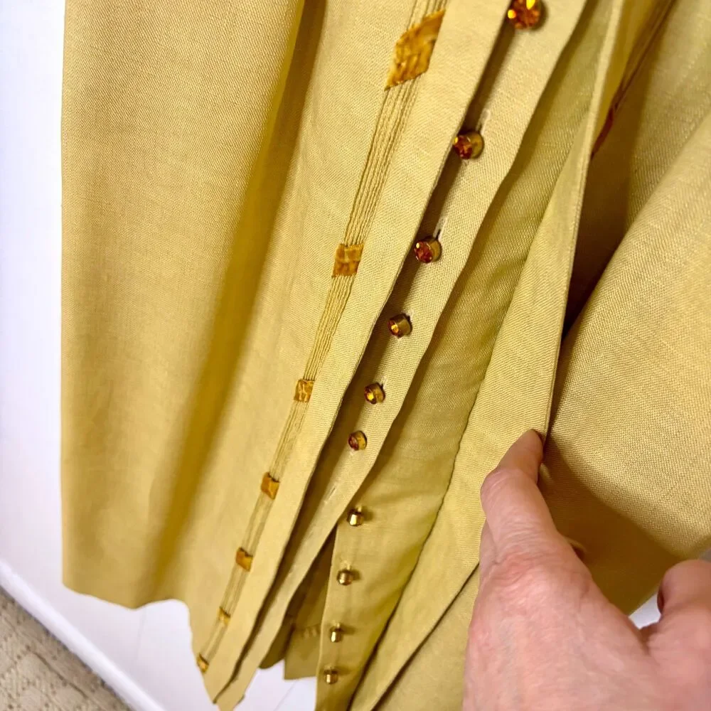 Vintage 1950s/60s Carlye Yellow Linen Dress Rhinestone Buttons Velvet Leaf Sz S - Picture 5 of 9